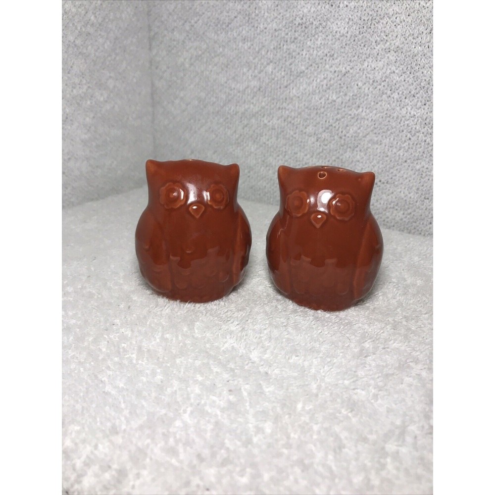 Vintage Ceramic Owls Salt And Pepper Shakers Set Brown Glazed 3” Kitchen Dinner
